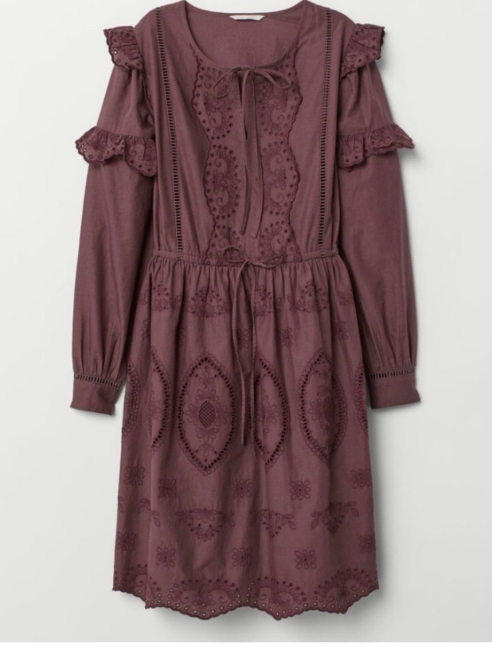 H&M - Brown Eyelet Long-Sleeve Dress -